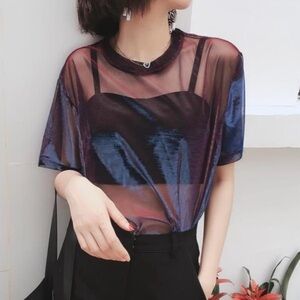 Blue Purple Duo Chrome Sheer Short Sleeve Tee Shirt